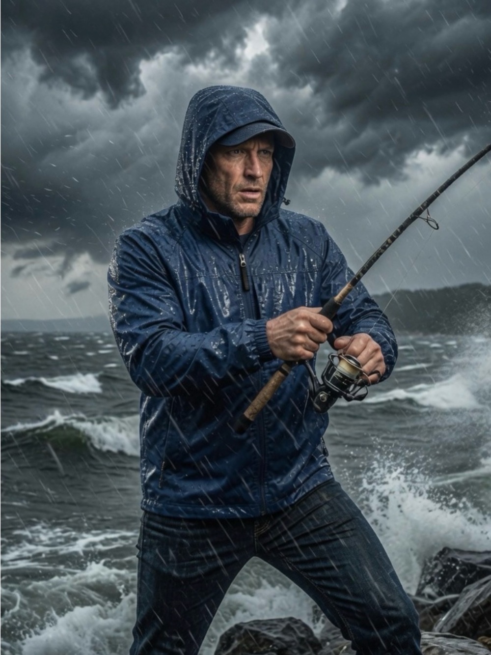 Men’s Nylon windbreaker full zip with stowaway pocket and hood XL - Navy Blue